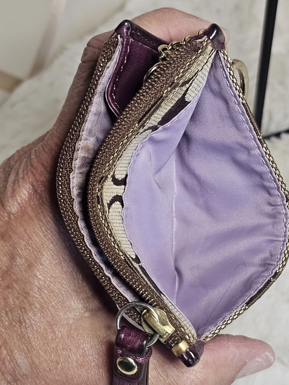 Coach Signature Canvas Key Pouch with Plum Leather Trim and Gold Hardware